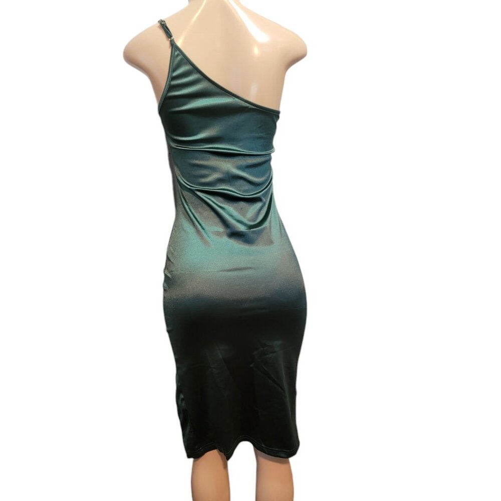 Elegant One Shoulder Sleeveless Split Hem Satin Party Cocktail Midi Dress Green - Picture 6 of 13
